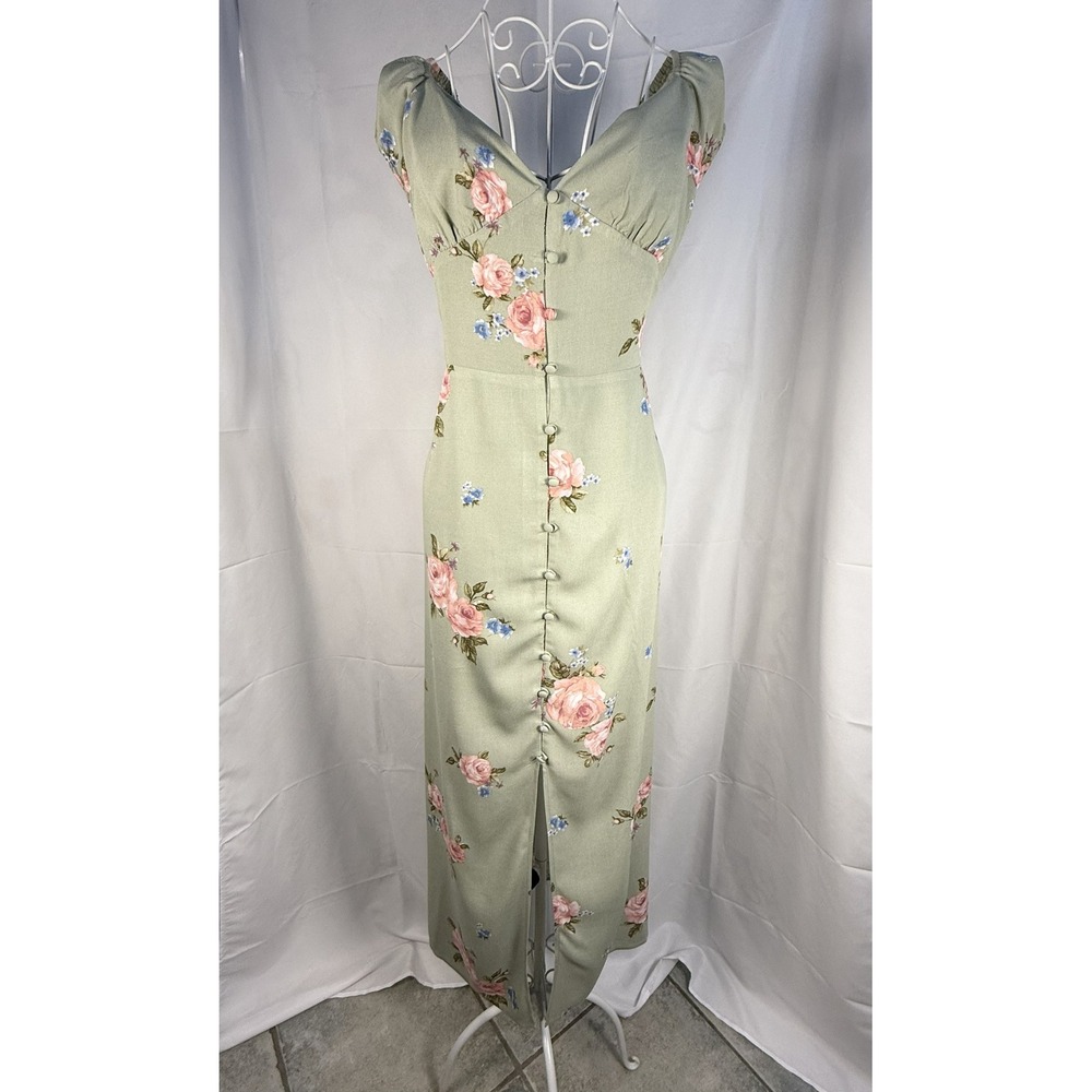 Altar'd State Maxi Dress Women L Green Floral Button Front Smocked Back Slit New